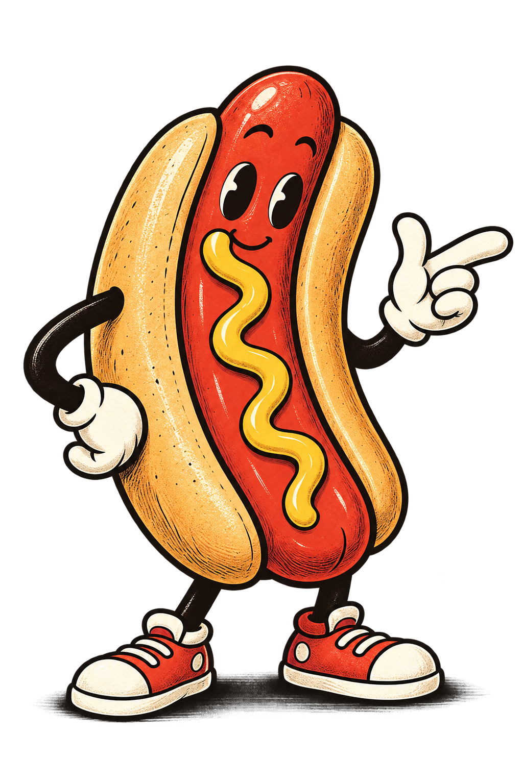A cheerful cartoon hotdog with white gloves and red sneakers